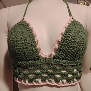 Green and Pink Crochet Halter Top